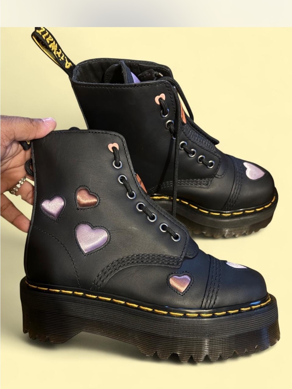 Dr. Martens Black Platform Lace-Up Boots with Iridescent Pink Hearts